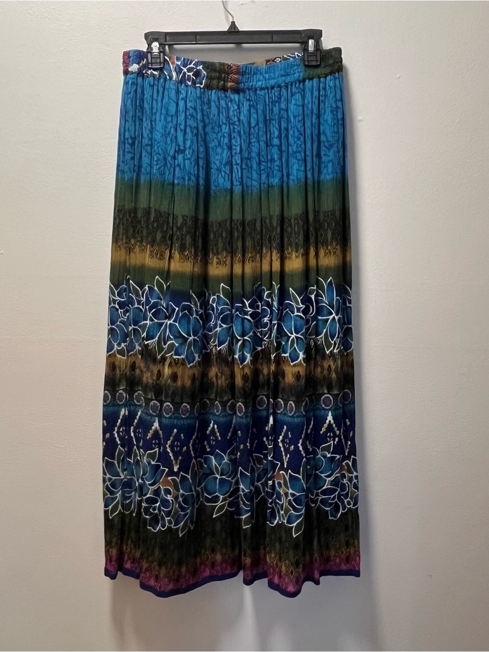 Chaudry KC Boho Chic Vibrant Elastic Waist  Maxi Skirt, Sz L, Peacock Colors